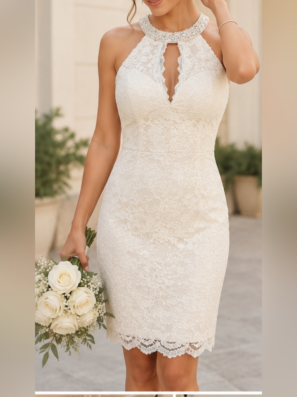 NWT David’s Bridal DB Studio Ivory Lace Beaded Halter Sheath Dress Size 2